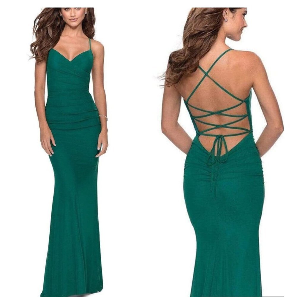 La Femme Women’s 4 Green Plunging Crisscross Back Ruched Maxi Dress Gown 28541